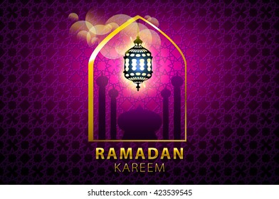 Hanging colorful Arabic lantern for holy month of Muslim community. Shiny greeting Islamic lamp for Ramadan. Beautiful lantern on Arabic geometric pattern with shadow. Soft pink colors art