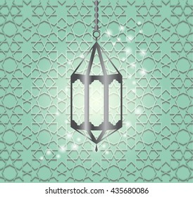 Hanging colorful Arabic lantern for holy  Muslim month.Shiny greeting lamp for Ramadan.Beautiful lantern on Arabic geometric pattern with shadow. Soft mint green colors.Eid mubarak greeting card.