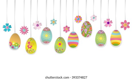 Hanging colorful Easter eggs and flowers made of paper on white background