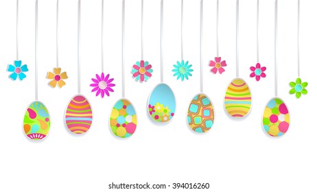 Hanging colorful Easter eggs and flowers made of paper on white background