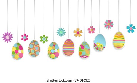Hanging colorful Easter eggs and flowers made of paper on white background