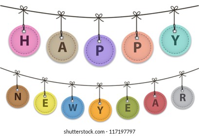 Hanging colorful leather labels with Happy New Year words. Vector illustration