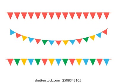 Hanging colorful and red garlands. Carnival flags border for children. Vector illustration isolated on white background