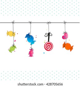 Hanging colorful sweet candies. Traditional candies for Seker Bayram Holiday. Greeting card vector illustration