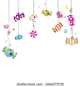 Hanging colorful sweet candy. Traditional candies for Seker Bayram holiday. Greeting Card background