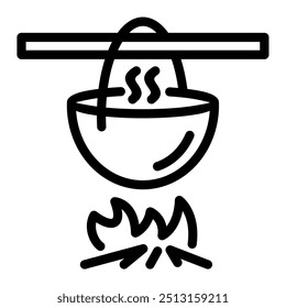 Icono colgante de la línea del tazón de cocina. Icono de la línea de cocina del campamento. vacaciones, quemar, llama, senderismo, contorno, fuego, gráfico, supervivencia, picnic, colgar, caliente, hoguera, ilustración, olla, fogata, camping