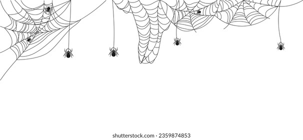 Hanging and corner spiderweb with spiders. Decor for Halloween celebration. Abstract texture of insect traps. Isolated graphic template. Vector illustration.
