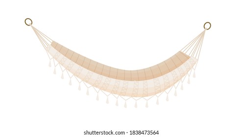 Hanging cozy hammock decorated with boho tassels. Modern decor element. Tool for summer beach recreation. Flat vector cartoon illustration isolated on white background