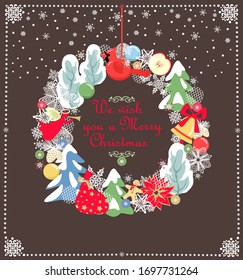 Hanging craft decoration for winter holiday with Christmas wreath, angel, redbird, jingle bell, gingerbread, cone, snowy trees and snowflakes