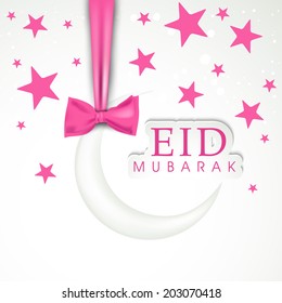 Hanging Halbmond mit rosafarbenem Band auf Sternen verziert grauem Hintergrund für den Anlass der muslimischen Gemeinde Festival Eid Mubarak. 