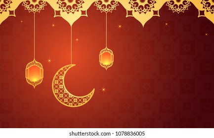 Hanging crescent moon and intricate lanterns on rust orange color background. 