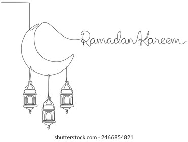 Hängender Halbmond und Laternen mit handgeschriebener Ramadan Kareem Inschrift. Eine Strichzeichnung der Phrase Handschrift Kalligrafie Kartenbuchstaben isoliert auf weißem Hintergrund.