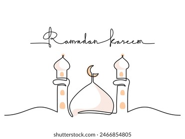 Hanging crescent moon, star, lanterns and cloud with ramadan kareem handwritten inscription. One line drawing of phrase hand writing calligraphy card lettering isolated on white background.
