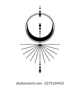 Hanging crescent moon star in line circle with arrow light rays witch magic boho black tattoo icon flat vector design