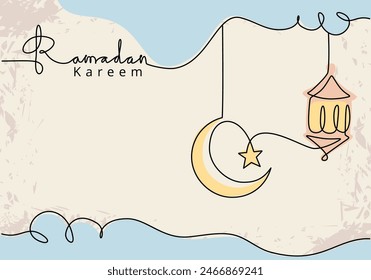 Hanging crescent moons, stars and lantern with ramadan kareem handwriting in one single continuous line style. Ramadan kareem concept vector.