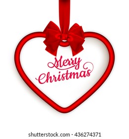 Hanging crimson Christmas Heart frame with silky ribbon and bow isolated on white. EPS 10 vector file included