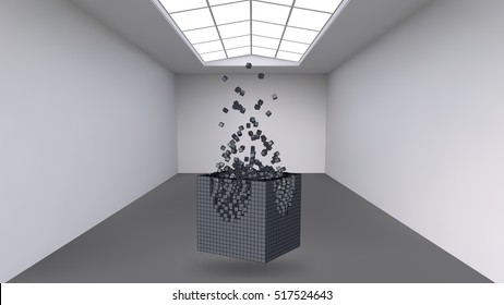 Hanging the cube from a multitude of small polygons in the large empty room. Exhibition space with abstract cubic shapes. The cube at the moment of explosion is divided into fine particles.