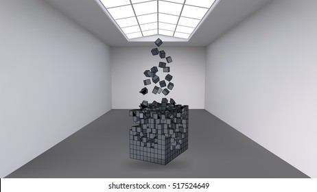 Hanging the cube from a multitude of small polygons in the large empty room. Exhibition space with abstract cubic shapes. The cube at the moment of explosion is divided into fine particles.