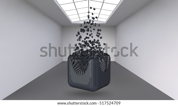 Hanging the cube from a multitude of small\
polygons in the large empty room. Exhibition space with abstract\
cubic shapes. The cube at the moment of explosion is divided into\
fine particles.