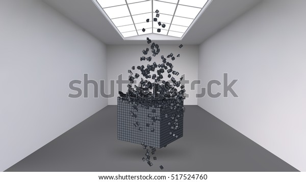 Hanging the cube from a multitude of small\
polygons in the large empty room. Exhibition space with abstract\
cubic shapes. The cube at the moment of explosion is divided into\
fine particles.