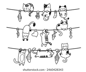 Hanging Cute cats doodle, hand drawn vector