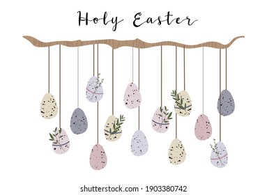 Hanging cute Easter eggs. Rustic eco decoration. Vector flat cartoon illustration. Perfect for poster, print, card, invitation, greeting, tag