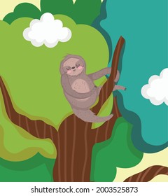 hanging cute sloth in a branch cartoon