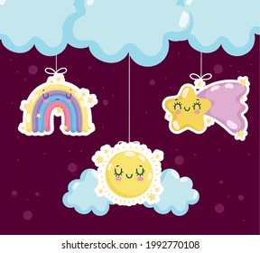 Hängende süße Regenbogen-Sonne und Schießstar