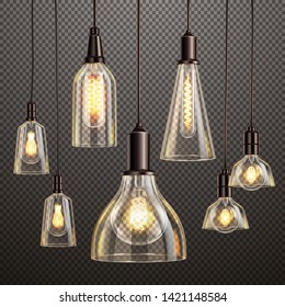 Hanging deco glass lamps with glowing filament antique led light bulbs realistic dark transparent set vector illustration  