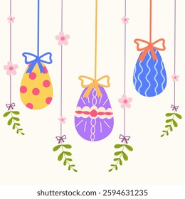 Hanging decorated Easter eggs tied with ribbons, adorned with small flowers and leaves on a pastel background. Suitable for greeting cards, invitations, prints, packaging, and holiday decorations. 