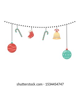 hanging decoration cane ball bell sock celebration merry christmas vector illustration