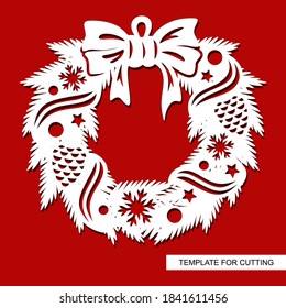 Hanging decoration - a Christmas wreath of fir branches, cones, snowflakes, stars, ribbons and a large bow. New Year vector template for plotter laser cutting (cnc) of paper, cardboard, plywood, wood.