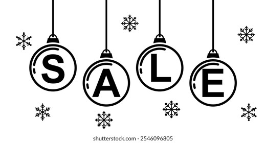 hanging decoration promotional Christmas balls, sale text in bauble, for Christmas holiday shopping promotion or window store. advertising or banners, leaflets and flyers.