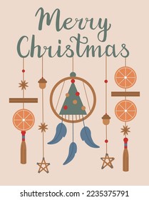 Hanging decorations in boho style for winter holidays. Merry Christmas lettering with oranges, handmade stars, acorns and dream catcher.  