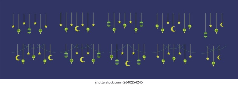 Hanging decorations in the form of lanterns, stars, moons, and ketupat in gold and green for Islamic holidays