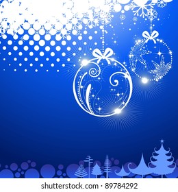 hanging decorative Christmas Balls in shiny blue color background with stylish Xmas trees Christmas & other occasions.