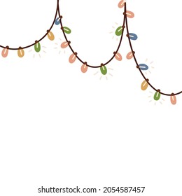 Hanging decorative Christmas lights. String garland with colorful lamps. Hand drawnc flat vector illustration isolated on white background.