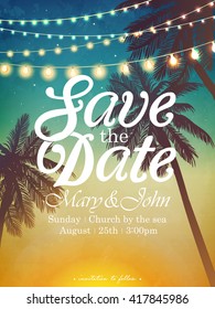 Hanging decorative holiday lights for a beach party. Inspiration card for wedding, date, birthday. Beach party invitation 