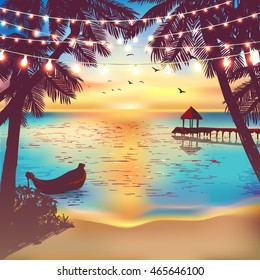 Hanging decorative holiday lights for a beach party. Inspiration card for wedding, date, birthday. Beach party invitation. Travel poster