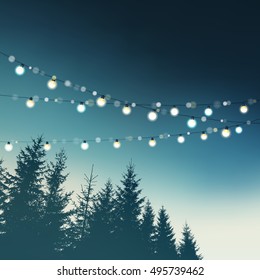 Hanging Decorative Holiday Party Lights. Christmas, Birthday, Wedding, Garden Party Greeting Card, Invitation. Forest, Spruce Tree Silhouettes Against The Night Sky. Vector Illustration Background.