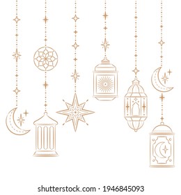 Hanging decorative lanterns, stars and moons. Beautiful festive design. Greeting card, invitation for Muslim holiday Ramadan. Vector illustration background or decoration.