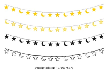 pendurando a forma decorativa da estrela e da lua, ilustração do vetor isolado no fundo branco.