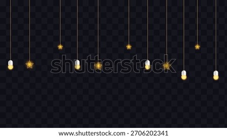 Hanging decorative string lights and golden stars on a transparent background