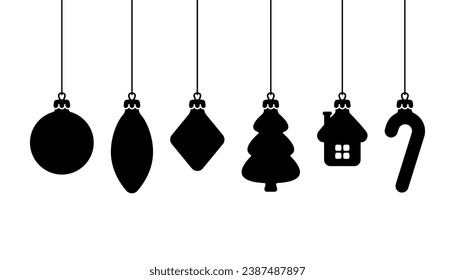 Hanging different Christmas tree toys icon. Black silhouette. Front side view. Vector simple flat graphic illustration. Isolated object on a white background. Isolate.