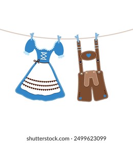 Hängende Dirndl und Lederhosen blau braun