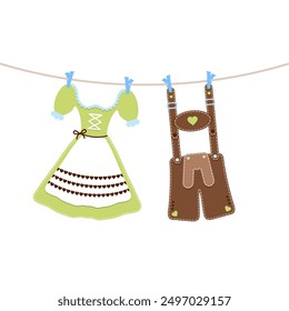 Hängende Dirndl und Lederhosen grün braun