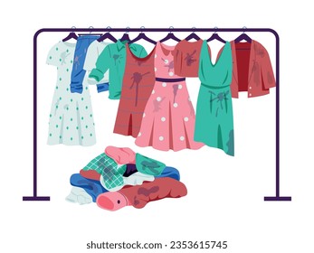 Hanging dirty clothes. Clothes hanger with different outfits, fashion boutique with hanging clothes for sale. Vector illustration. Trousers, dress, shirts and jacket with mud stains