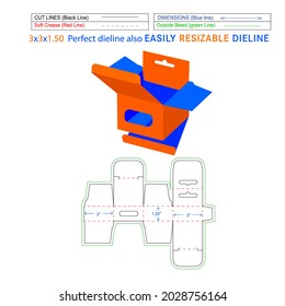 Hanging display box, bottom snap lock mobile charger box, 3x3x1.50 inch box dieline packaging design and 3D box