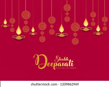 Hanging Diyas or Decorative Items for Diwali on Traditional Pattern. Happy Diwali.