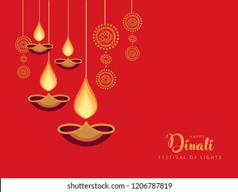 Hanging Diyas for Indian Festival Diwali on Traditional Pattern. Happy Diwali.